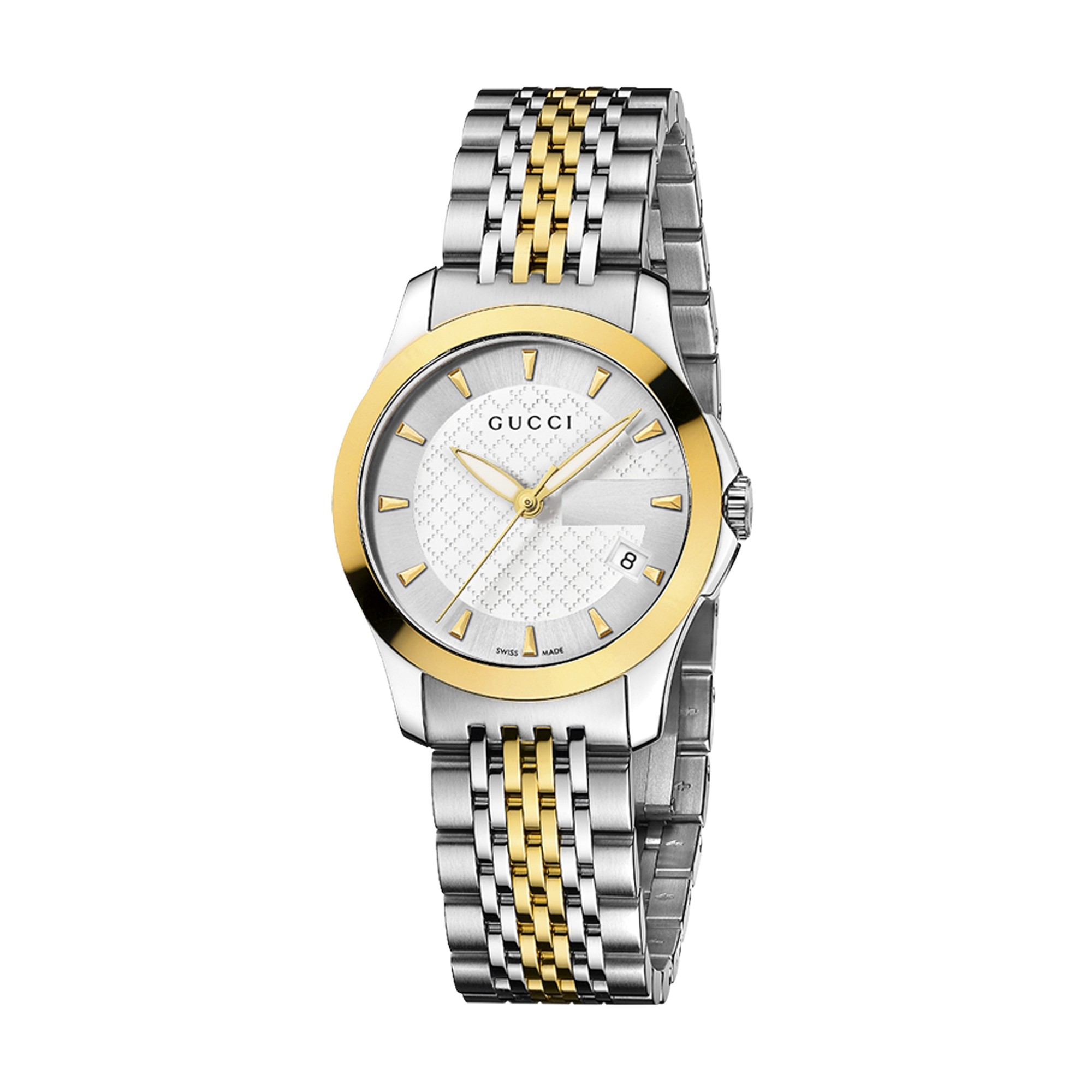 Gucci G,Timeless Silver Dial Stainless Steel and Gold Plated Bracelet Ladies Watch