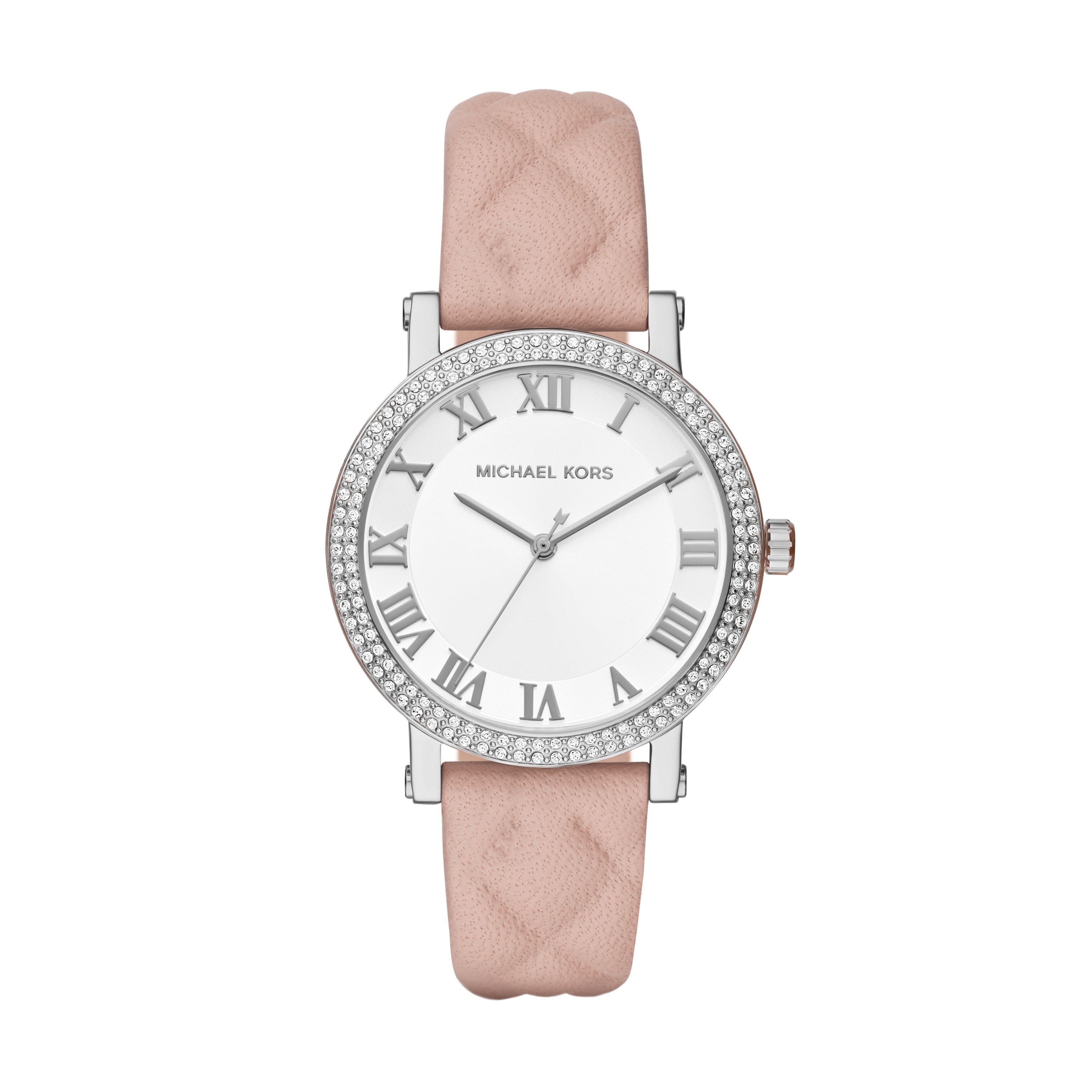 Ladies Michael Kors Norie Silver Dial Pink Leather Strap Watch