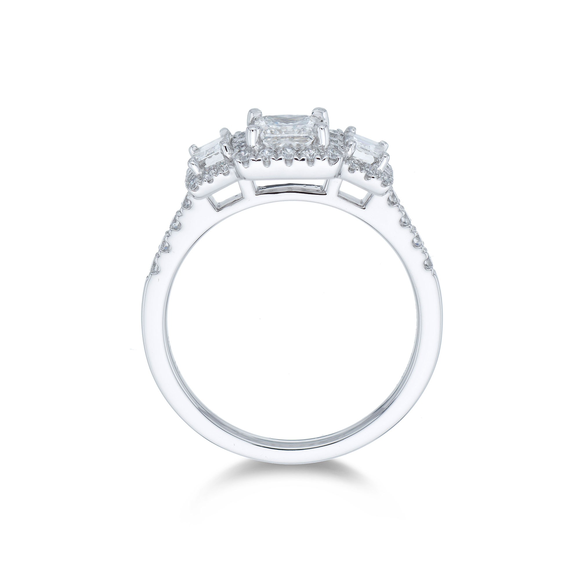 Platinum Princess Cut 1.20ct Diamond Halo Three Stone Ring