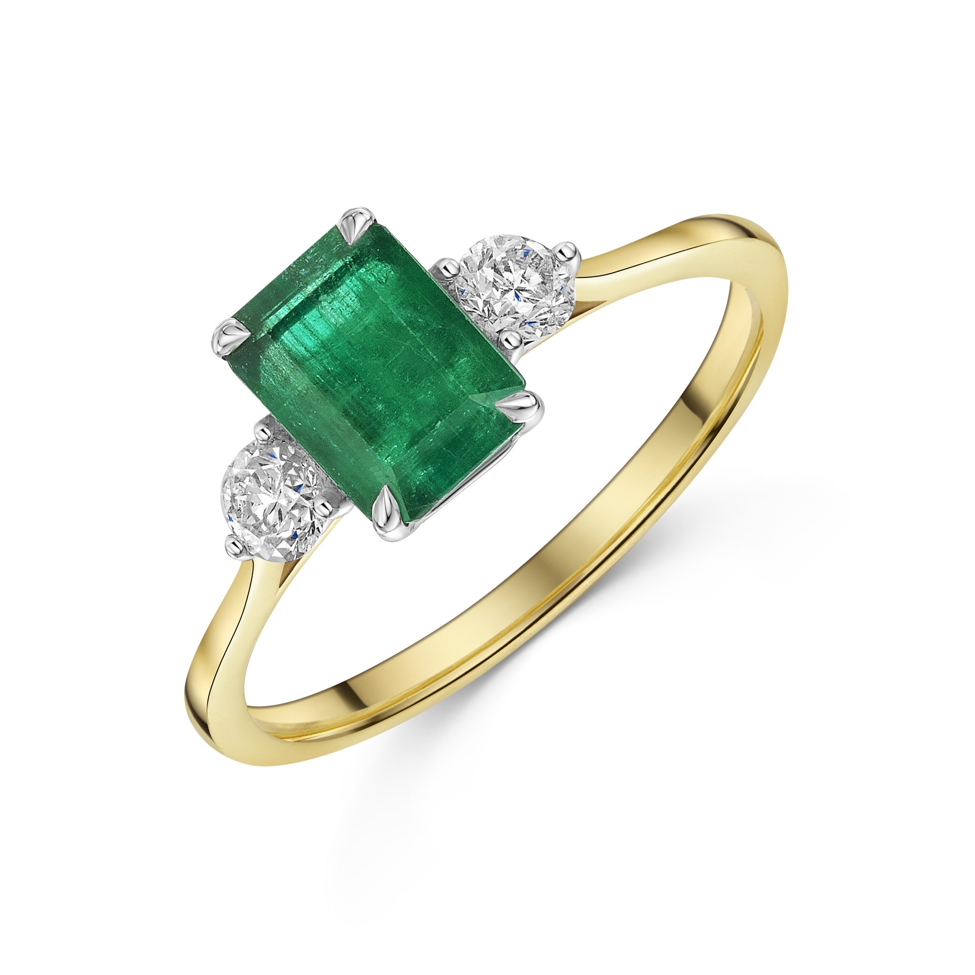 18ct Yellow Gold Emerald Cut Emerald and Round Brilliant