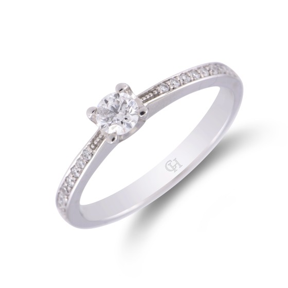 18ct White Gold Round Brilliant Diamond Solitaire with Diamond Shoulders, Total Weight 0.30ct.