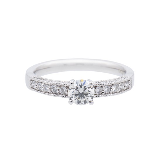 18ct White Gold Round Brilliant Diamond Solitaire with Millgrain Edge Diamond Shoulders, Approx. 0.75ct Total Weight