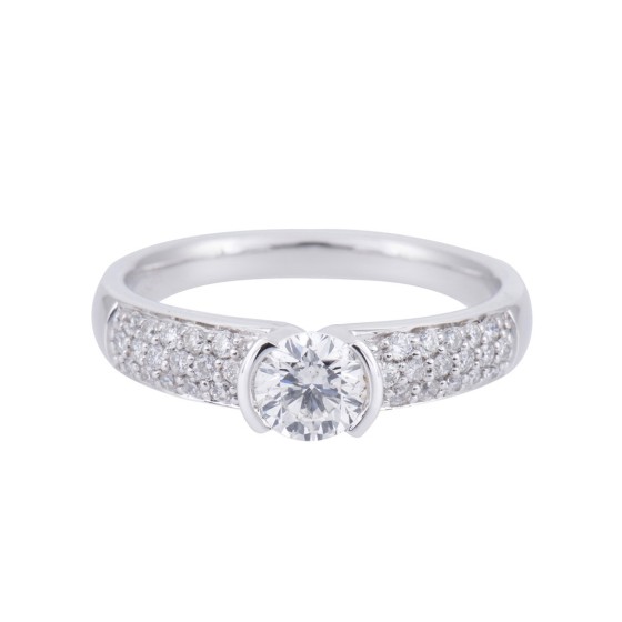 18ct White Gold Diamond Solitaire Ring With Pave Set Diamond Shoulders, Total Weight 0.75ct.