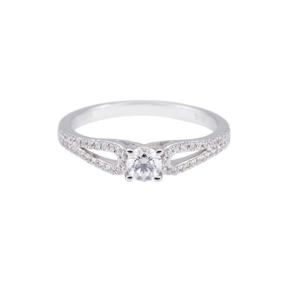 18ct White Gold Round Brilliant Diamond Solitaire With Fancy Diamond Shoulders, Total Weight 0.48ct.