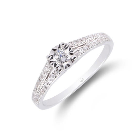 18ct White Gold Round Brilliant Diamond Solitaire with Diamond Shoulders, Total Weight 0.40ct.