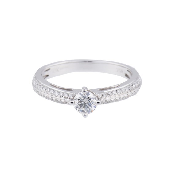 18ct White Gold Round Brilliant Diamond Compass Set Engagement Ring With Diamond Shoulders, Total Weight 0.53ct