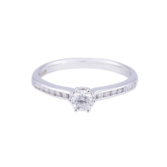 18ct White Gold Round Brilliant Diamond Engagement Ring With Diamond Shoulders, Total Weight 0.33ct.