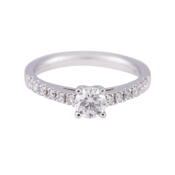 Platinum Round Brilliant Diamond Solitaire with Diamond Shoulders, Approx. 0.70ct Total Weight.