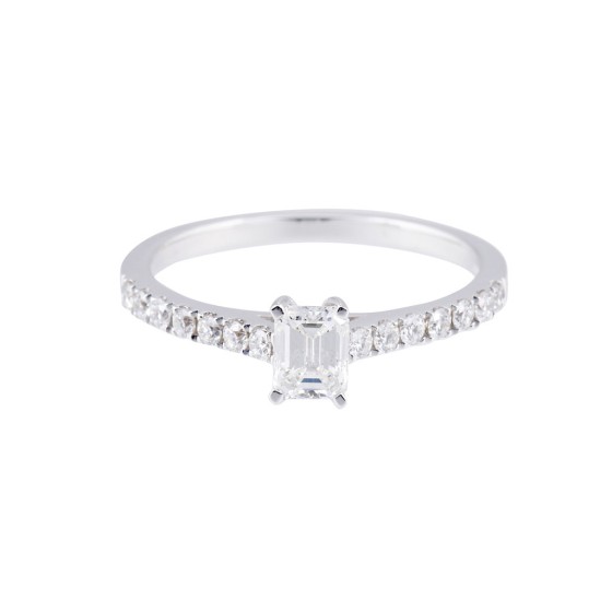 18ct White Gold Emerald Cut Diamond Solitaire with Diamond Shoulders, Approx. 0.65ct Total Weight