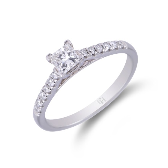 Platinum Princess Cut Diamond Solitaire with Diamond Shoulders, Approx. 0.70ct Total Weight