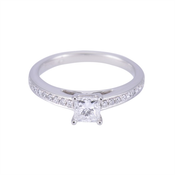 Platinum Princess Cut Diamond Solitaire with Diamond Shoulders, Approx. 0.65ct Total Weight