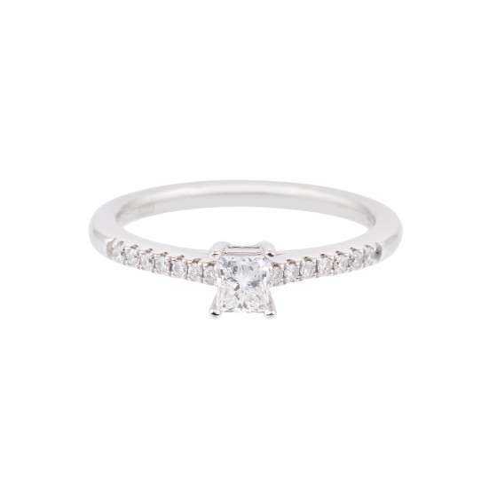 Certificated 18ct White Gold 0.37ct Princess Cut Diamond Solitaire and Diamond Shoulders Ring