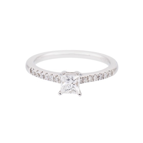 Certificated 18ct White Gold 0.40ct Princess Cut Diamond Solitaire and Diamond Shoulders Ring
