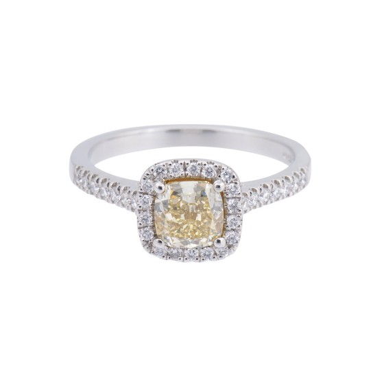 Certificated Platinum 1.01ct yellow diamond solitaire ring with diamond shoulders