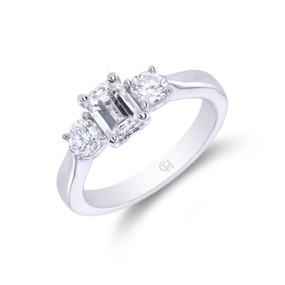 Platinum Brilliant and Emerald Cut 1.15ct Diamond Three Stone Ring