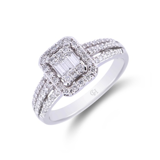 9ct White Gold Baguette and Brilliant Cut 0.50ct Diamond Cluster Ring