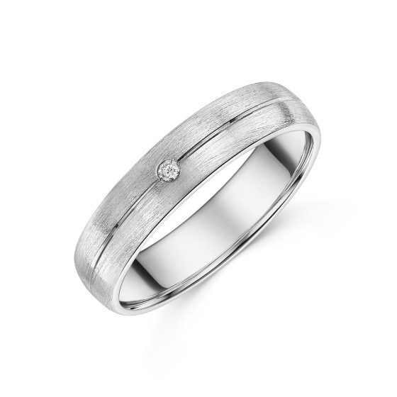 9ct White Gold 0.03ct Round Brilliant Diamond Matt Wedding Ring 5mm