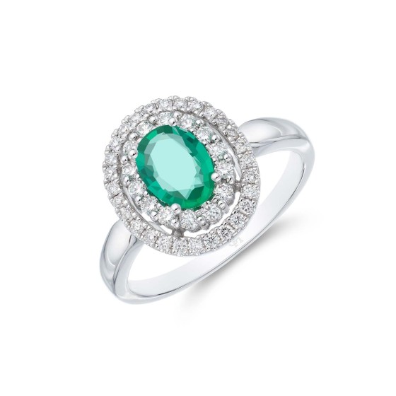 18ct White Gold 0.75ct Oval Cut Emerald and 0.32ct Diamond Ring