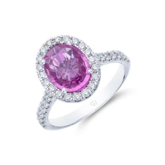 Platinum Oval Cut 3.43ct Pink Sapphire & Brilliant Cut Diamond Halo Ring