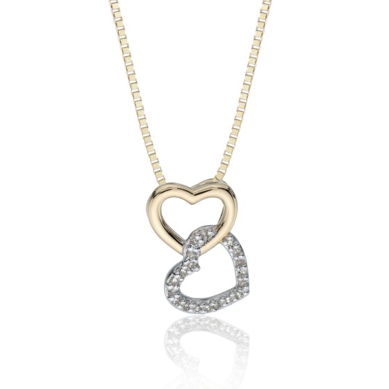 9ct 2 Colour Gold Brilliant Cut 0.06ct Diamond Double Heart Pendant