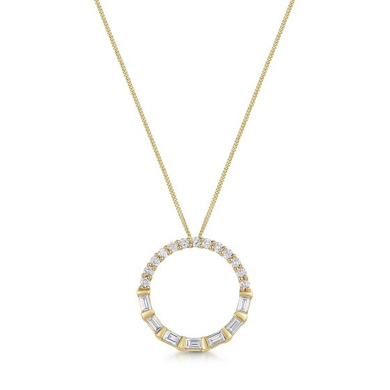 9ct Yellow Gold Baguette & Round Brilliant Cut 0.20ct Diamond Circle Pendant