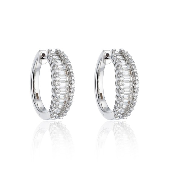 18ct White Gold Baguette & Round Brilliant 2.55ct Diamond Hoop Earrings