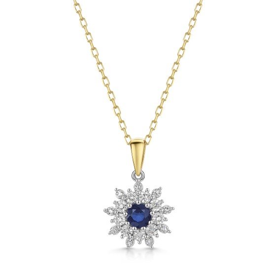 9ct Yellow Gold 0.40ct Round Brilliant Sapphire with Diamond Cluster Halo Pendant