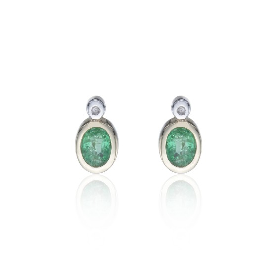 9ct Yellow Gold Diamond and 0.06ct Emerald Bezel Set Earrings
