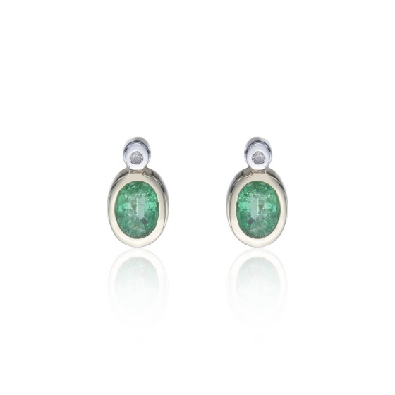 9ct Yellow Gold Diamond and 0.06ct Emerald Bezel Set Earrings