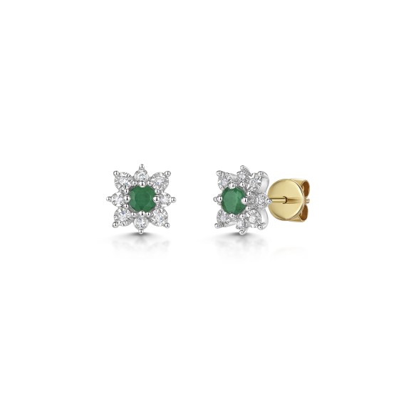 9ct Yellow Gold 0.23ct Round Brilliant Emerald with Diamond Cluster Halo Earrings