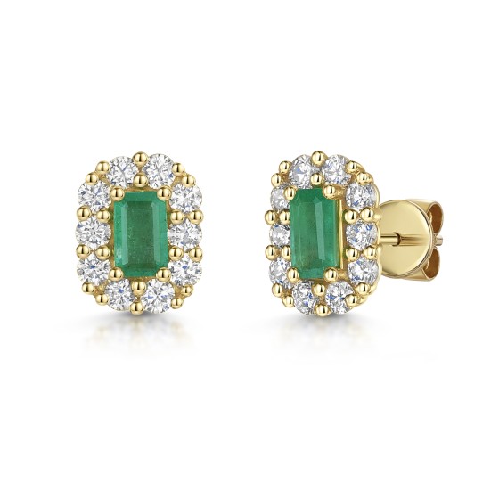 18ct Yellow Gold Octagonal Cut Emerald 0.55ct with Diamond Cluster Halo Earrings