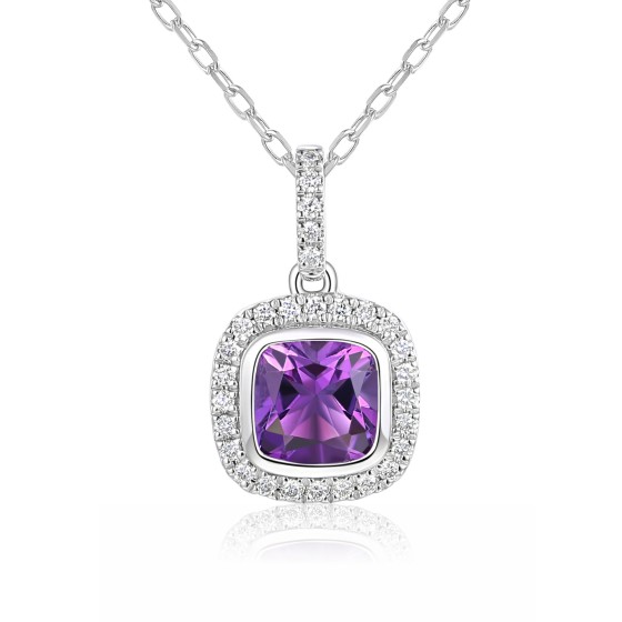 18ct White Gold Cushion Cut 1.07ct Amethyst and Diamond Halo Pendant