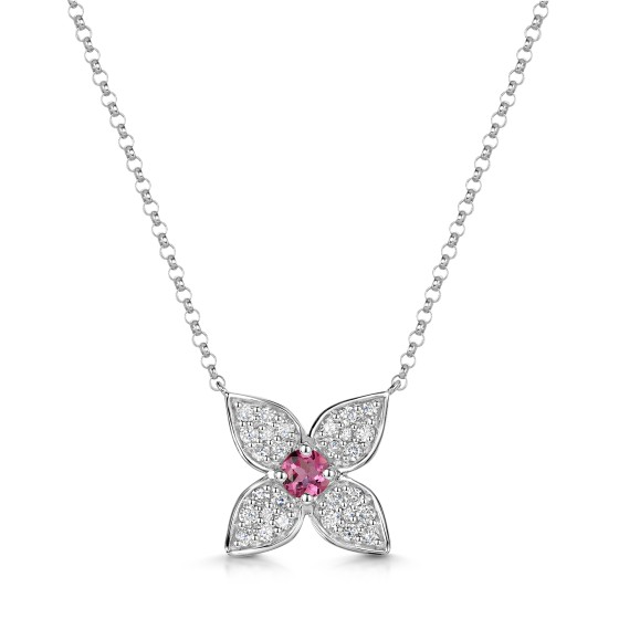9ct White Gold Pink Tourmaline and 0.27ct Diamond Cluster Flower Pendant