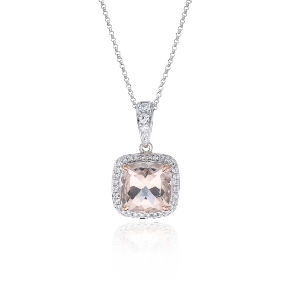 18ct White Gold Diamond 0.14ct and Morganite 1.73ct Halo Pendant