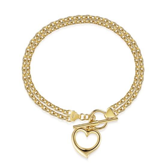 9ct Yellow Gold Heart 2-Strand Belcher Chain T-Bar Bracelet