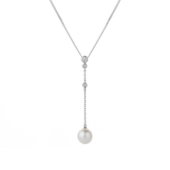 9ct White Gold Pearl And Diamond 0.08ct Long Drop Pendant