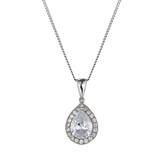 Silver Pear Cut Cubic Zirconia Halo Pendant