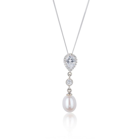 Silver Pear Cut Cubic Zirconia Halo and Pearl Drop Pendant