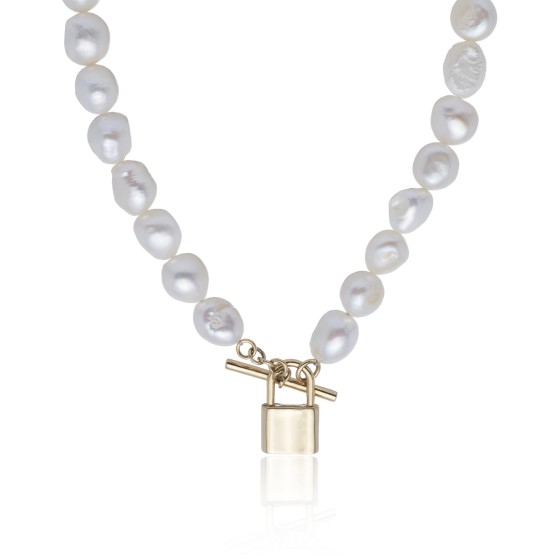 Yellow Gold Plated Pearl and Padlock Necklet