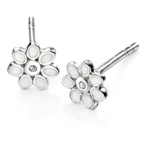 D For Diamond Silver And White Enamel Flower Stud Earrings