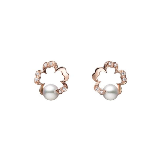 Mikimoto Cherry Blossom 18ct Rose Gold Diamond and Pearl Akoya Flower Earrings PE 1745D Z
