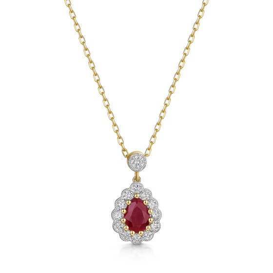 9ct Yellow Gold 0.80ct Ruby with Lab Grown Diamond Halo Drop Pendant