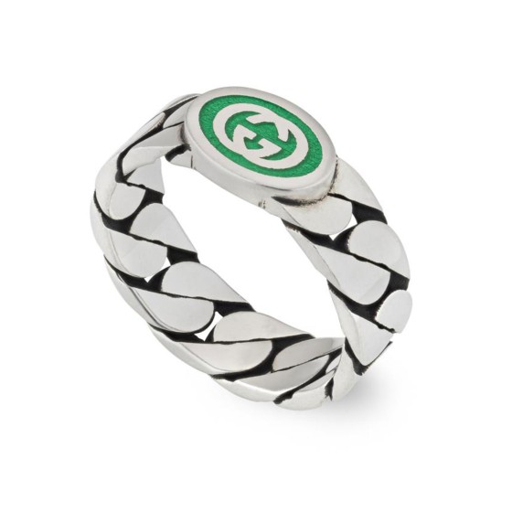 Gucci Interlocking Ring Silver with Green YBC701612002