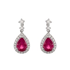 18ct White Gold Ruby and Diamond Halo Drop Earrings