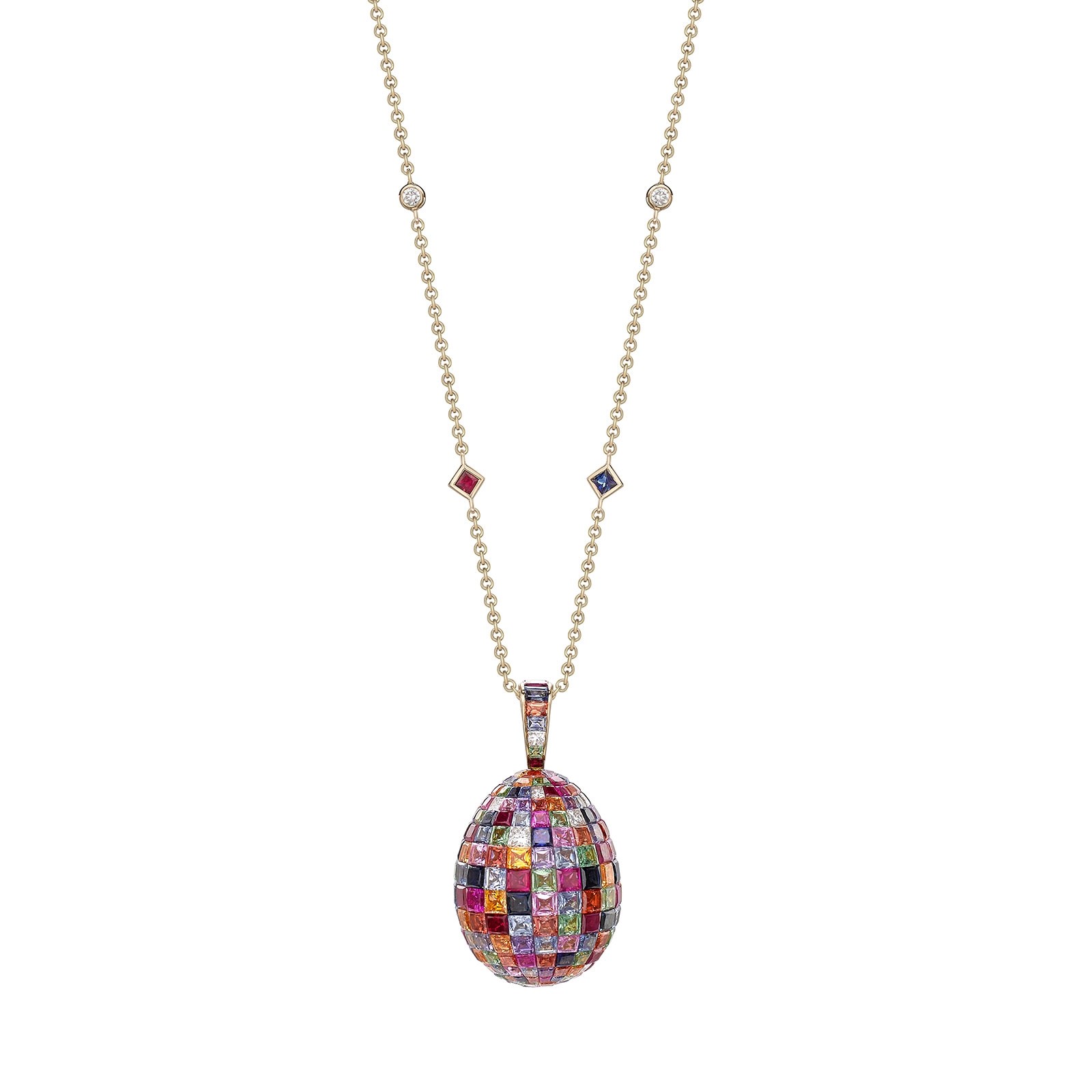 Fabergé Imperial Yellow Gold Mosaic Ruby, Sapphire Diamond Egg Pendant  818FP1787/6