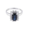 18ct white gold 2.52ct oval sapphire and 0.64ct diamond cluster ring