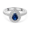 18ct White Gold 0.75ct Pear Cut Sapphire and 0.21ct Double Halo and Diamond Shoulders Ring