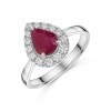 18ct White Gold Pear Shape 1.33ct Ruby Solitaire Ring with Traditional Diamond Halo