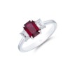 18ct White Gold Emerald Cut 1.07ct Ruby and 0.39ct Diamond Three Stone Ring