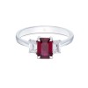 18ct White Gold Emerald Cut 1.07ct Ruby and 0.39ct Diamond Three Stone Ring